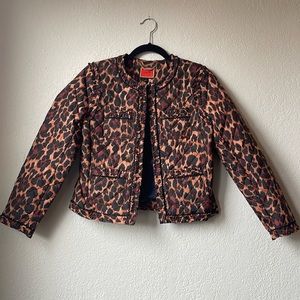 J Crew leopard print quilted puffer jacket.